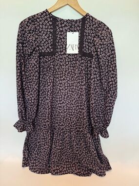 Zara Black Dress with Pink Floral Print and Lace Trim